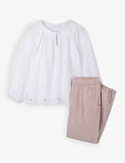 Flower-embroidered Cotton Blouse And Trousers Two-piece Set