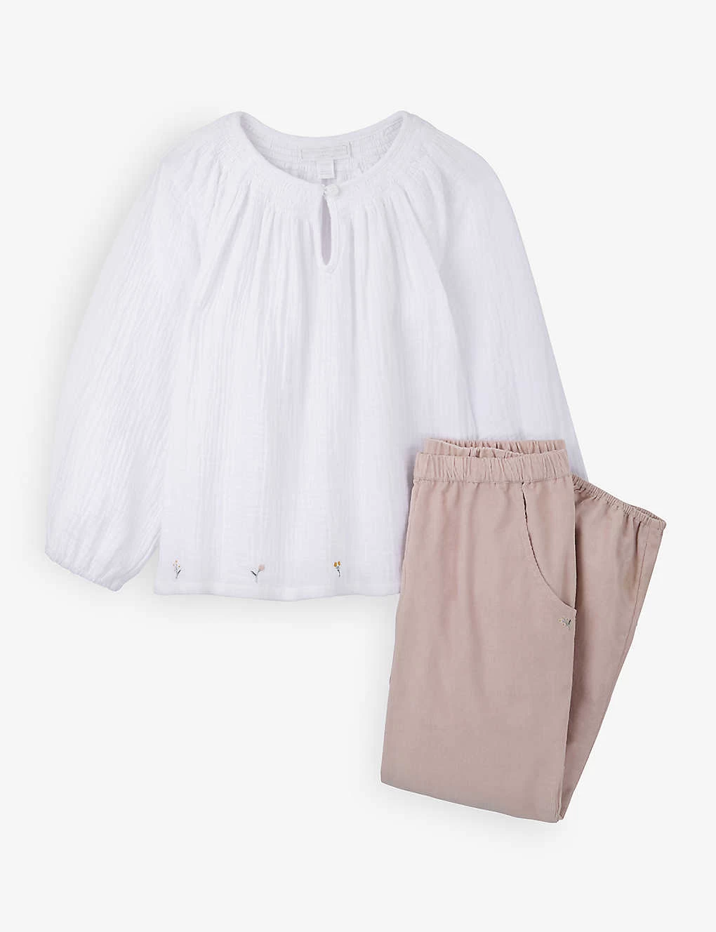 Flower-embroidered Cotton Blouse And Trousers Two-piece Set 1 Flower-embroidered Cotton Blouse And Trousers Two-piece Set