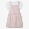 Flower-embroidered Cotton Pinafore And T-shirt Two-piece Set 18 Months - 6 Years