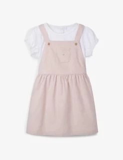 Flower-embroidered Cotton Pinafore And T-shirt Two-piece Set 18 Months - 6 Years