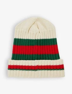 Gucci Striped-logo Cotton-knit Beanie Hat 12-24 Months -Kid Couture R04079393 IVORYDARKGREEN ALT02