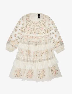 Primrose Flower-embroidered Bead-embellished Woven Mini Dress 4-10 Years