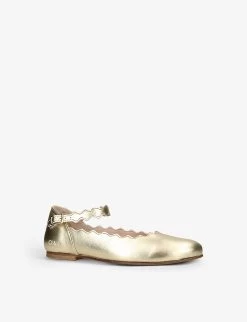 Chloé Scallop-trim Logo-embossed Leather Ballerina Shoes 6-9 Years -Kid Couture R04099208 GOLD ALT02