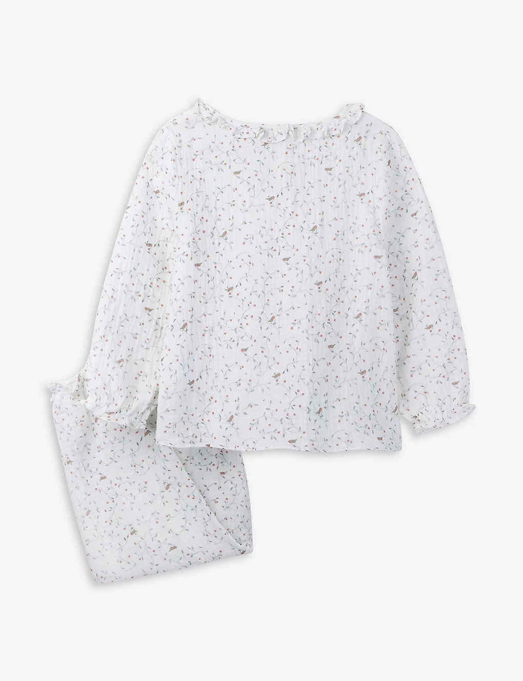 Floral Robin-print Frilled-trim Cotton Pyjamas 1-6 Years 2 Floral Robin-print Frilled-trim Cotton Pyjamas 1-6 Years - Image 2