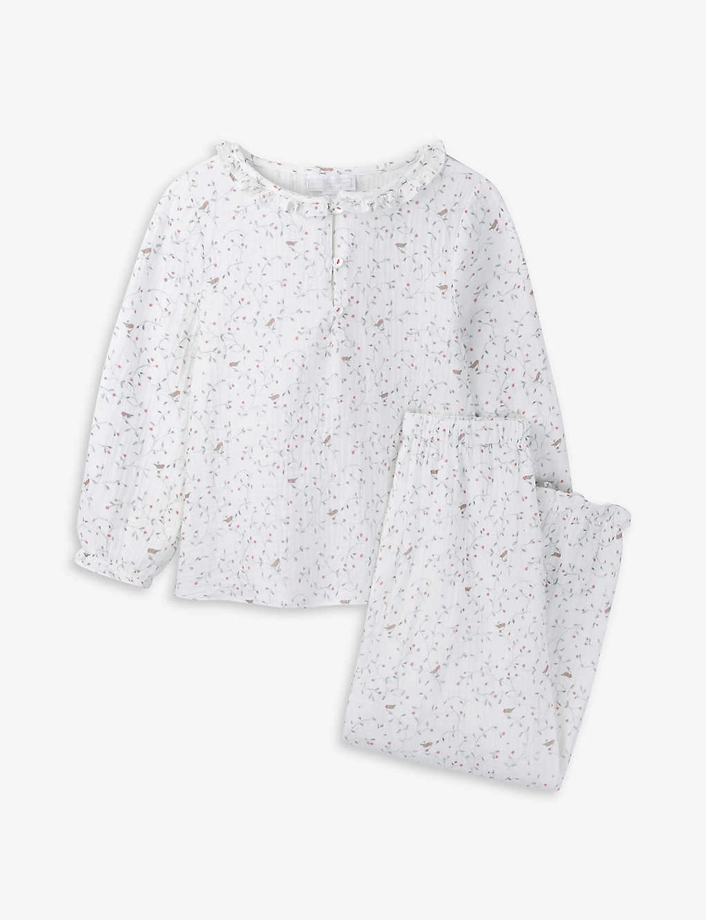 Floral Robin-print Frilled-trim Cotton Pyjamas 1-6 Years 1 Floral Robin-print Frilled-trim Cotton Pyjamas 1-6 Years