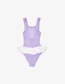 Denise Crinkle-texture Frill-trim Stretch-woven Swimsuit 7-12 Years -Kid Couture R04126429 LILACWHITE ALT02