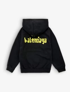 Balenciaga Logo-print Cotton-jersey Hoody 4-10 Years -Kid Couture R04137873 WASHEDBLACK ALT02
