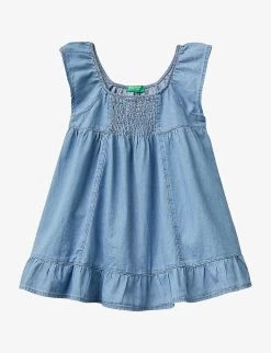 Benetton Frilled-hem Shirred-back Cotton-chambray Mini Dress 1-6 Years
