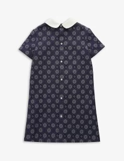 Gucci Brand-pattern Pleated-front Cotton Dress 6-12 Years -Kid Couture R04160339 DKBLUEIVORYMIX ALT02