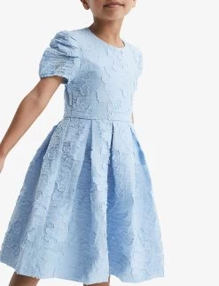 Reiss Amalie Floral-textured Cotton-blend Dress 4-12 Years -Kid Couture R04160604 BLUE ALT03