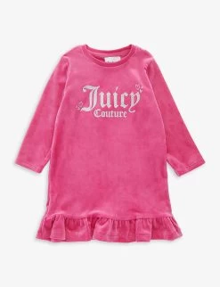 Juicy Couture Logo-embroidered Frill-hem Stretch-velour Dress 12-36 Months
