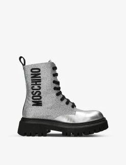 MOSCHINO Logo-embroidered Glitter Leather Ankle Boots 6-9 Years