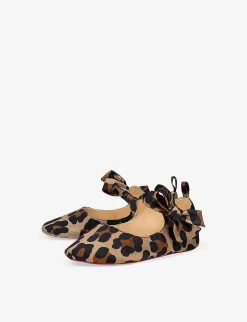 Christian Louboutin Lou Babe Leopard-print Silk Crepe and Leather-blend crib Shoes 0-12 Months -Kid Couture R04206924 BROWN ALT02